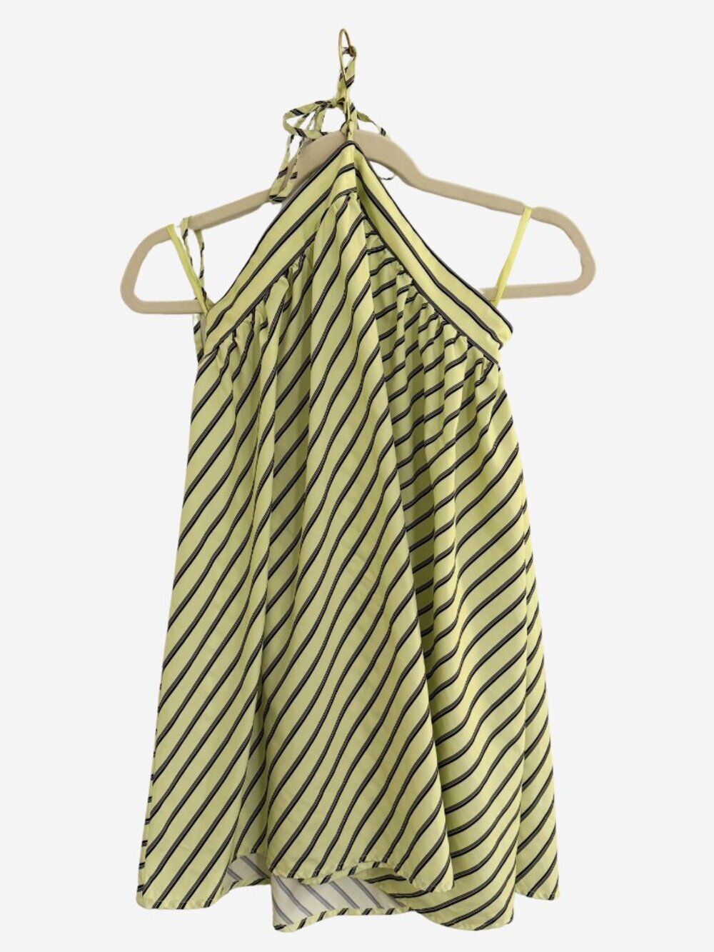 Yellow Striped Halter Mini Dress XS Open Back Tie Neck Swing Dress Cottagecore